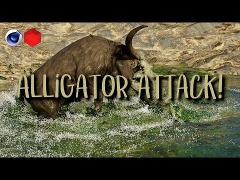 C4DRS4U: Alligator Attacks Buffalo, Widescreen Version | X-Particles Water Simulation | 4K, HDR