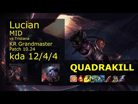 Lucian Mid vs Tristana - KR Grandmaster 12/4/4 Patch 10.24 Gameplay // [롤] 루시안 vs 트리스타나 미드