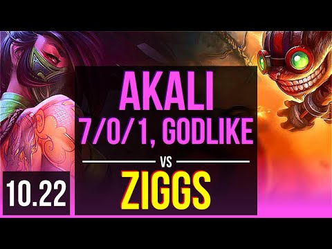 AKALI vs ZIGGS (MID) | 7/0/1, 2.2M mastery, 500+ games, Godlike | BR Master | v10.22