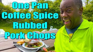 one pan camping recipe coffee spice rubbed pork chop for dinner it's easy