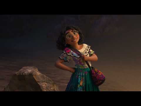 Encanto trailer frame with Mirabel singing during a musical cue, close-up