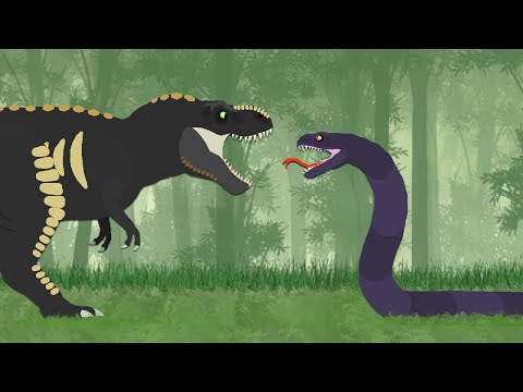 Dinosaurs Cartoons Battles : Tyrannosaurus rex vs Titanoboa | DinoMania