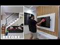 Modern Living Room Transformation! How to build TV console with LED Backwall and Wood slat