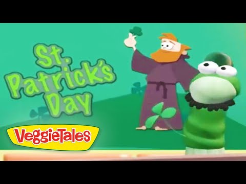 VeggieTales scene: St. Patrick's Day title with a bearded character and a frog on a green hill; VeggieTales logo at the bottom.