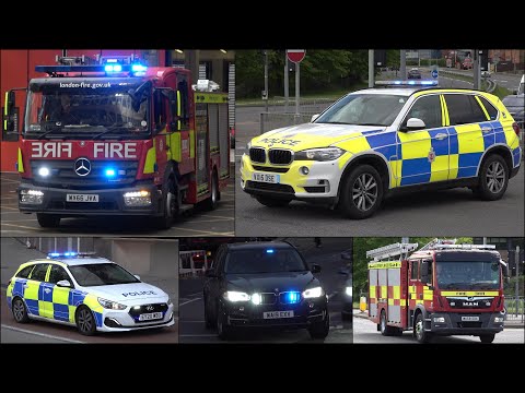 Police Cars, Fire Trucks and Ambulances responding with horn, siren and lights