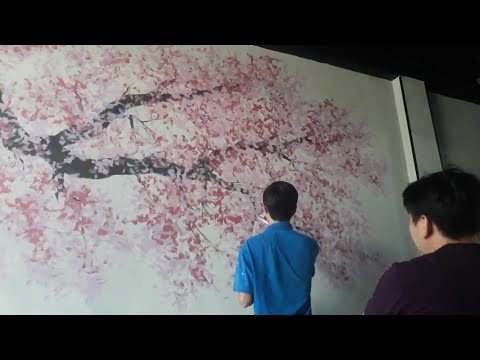 Cận cảnh Chi tiết Vẽ Hoa Anh Đào/Tranh Tường 3D Mùa Hoa Anh Đào tại Quán Ăn Nhật Bản