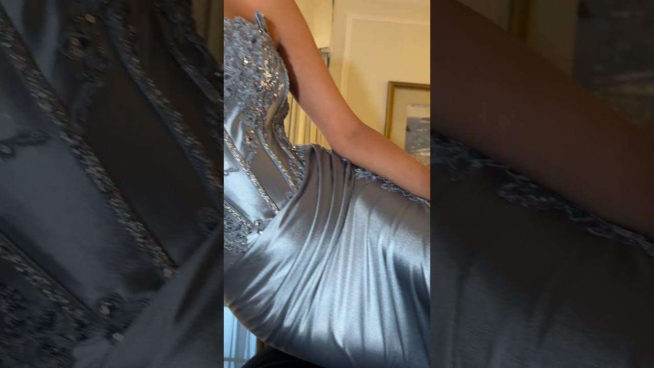 Strapless satin blue corset dress KV1116 with lace & beaded details #bluedress #promlook #promdress