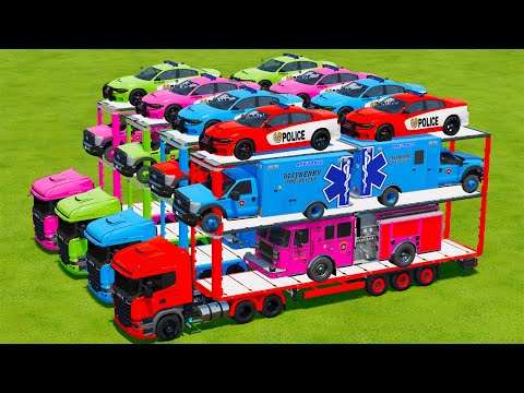 LOAD POLICE CARS, AMBULANCE & FIRE TRUCKS WITH SCANIA TRUCKS -   Farming Simulator 22