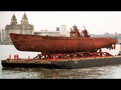 Raising of WWII German submarine U-534 from the bottom sea