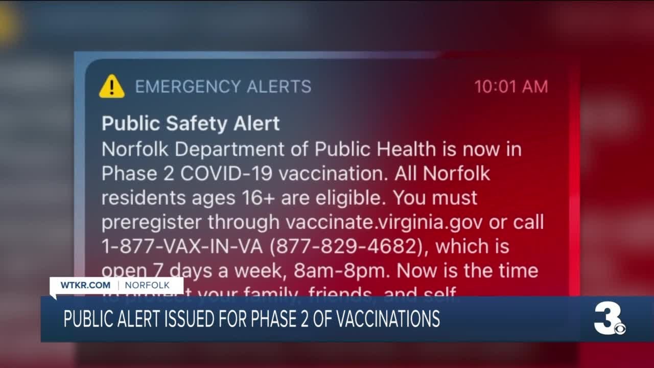 Norfolk issues wireless emergency alert for Phase 2 of COVID-19 vaccinations