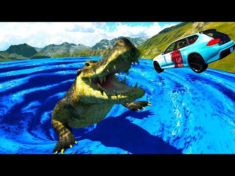 Jumping Crashes & Deadly Fall from the Stairs with Giant Crocodile - BeamNG Drive