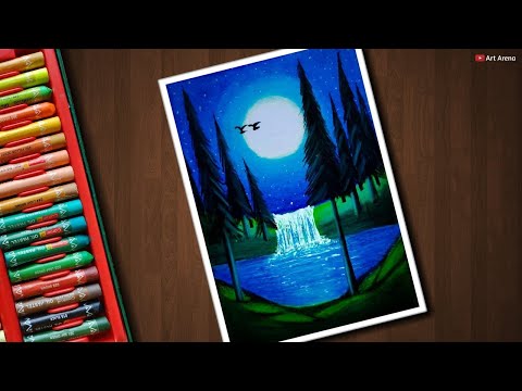 Moonlight Waterfall scenery drawing for beginners with Oil Pastels - step by step