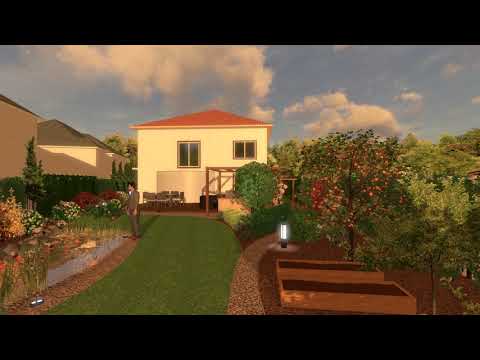 wizualizacja projektu ogrodu wąska działka z basenem i oczkiem wodnym