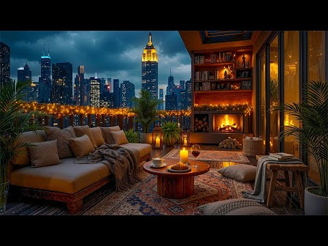 New York Winter Balcony Jazz ☕ Cozy Night Lounge Ambience & Smooth Jazz Music for Relaxation