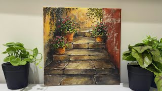 How to Paint Vintage Stone Steps and Flower Pots |  Step by Step Acrylic Painting