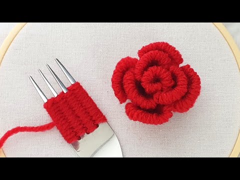 Amazing Trick with Fork - Easy Woolen Rose Making - Hand Embroidery Hack - DIY Woolen Flowers