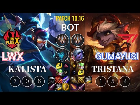 FPX Lwx Kalista vs T1 Gumayusi Tristana Bot - KR Patch 10.16
