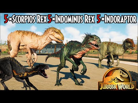 5× Scorpios Rex 5× Indominus Rex 5× Indoraptor BATTLE | Who Wins? | Jurassic World Evolution 2