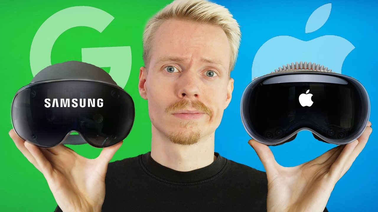 A reviewer examining the Galaxy XR headset in a hands-on review