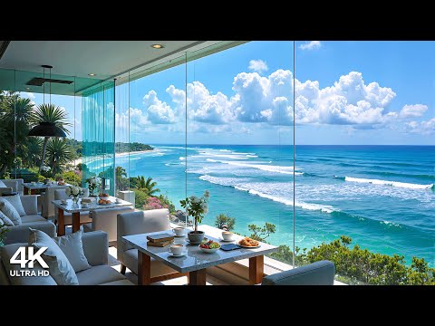 Seaside Morning Jazz Ambience ~ Upbeat Bossa Nova Piano Music & Crashing Waves Sound for Great Moods