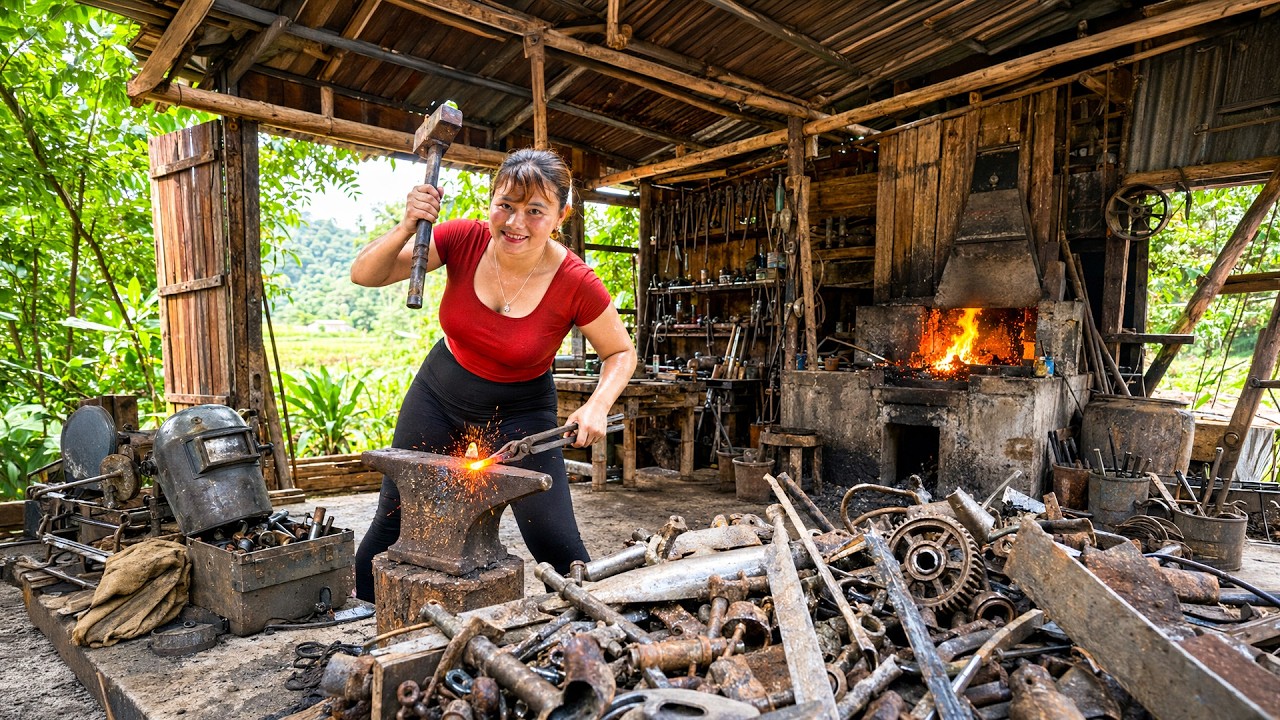 Girl Mechanical Engineer Rebuilds Old Broken Tools in a Blacksmith Cabin