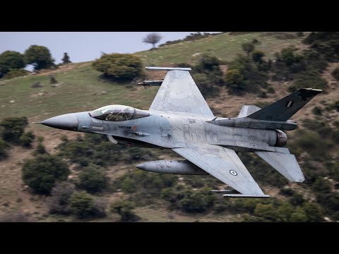 The Hellenic Air Force's F-16 flies low over a canyon during the "INIOCHOS" 2025