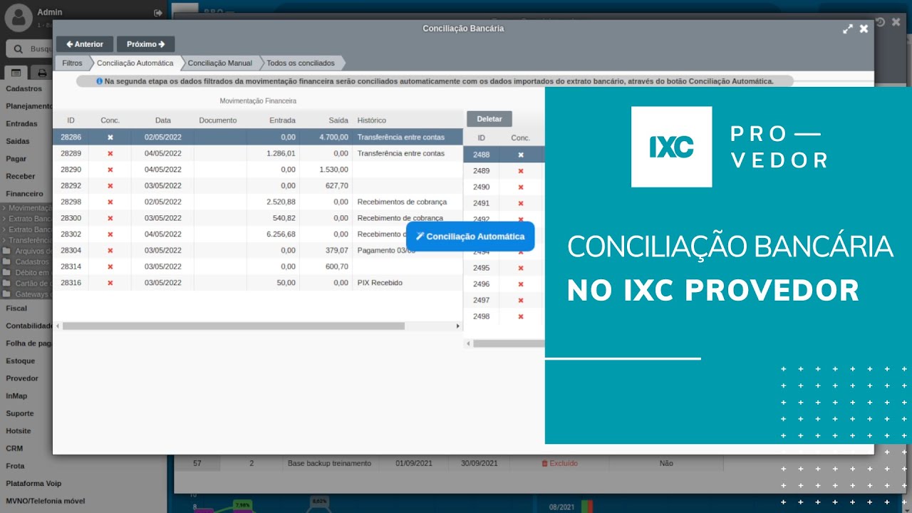 Conciliação bancária no IXC Provedor