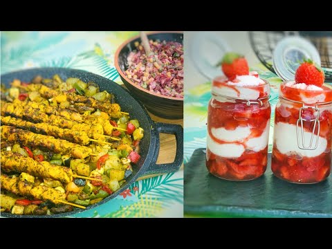 Marinated Chicken Skewers, Roasted Vegetables, Beet & Corn Salad, and Strawberries with Mascarpone Whipped Cream