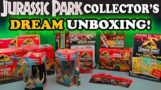 YouTube thumbnail: MEGA Jurassic Park unboxing | with JC Jr | Vintage toys and merchandise from 1993