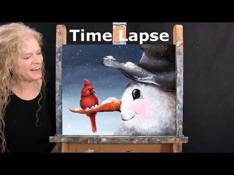 TIME LAPSE - Learn How to Paint "CARDINAL AND SNOWMAN" with Acrylic Paint - Easy Painting Tutorial