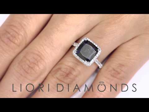 BDR-202 - 3.97 Carat Cushion Cut Black Diamond Engagement Ring 18k White Gold Pave Halo