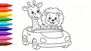 Let's Color a Lion and Giraffe in a Car! | Coloring for Kids