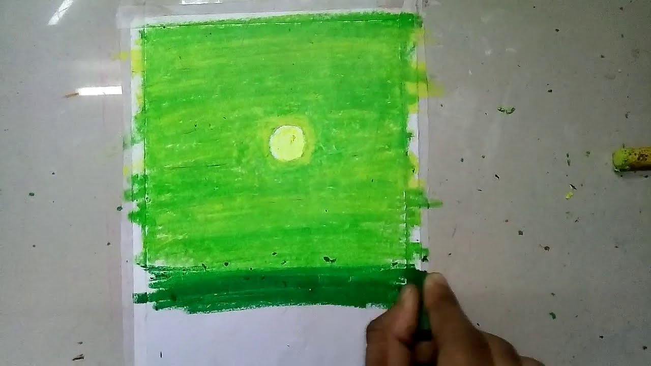 green sunset scenary drawing with oil pastels by aftab