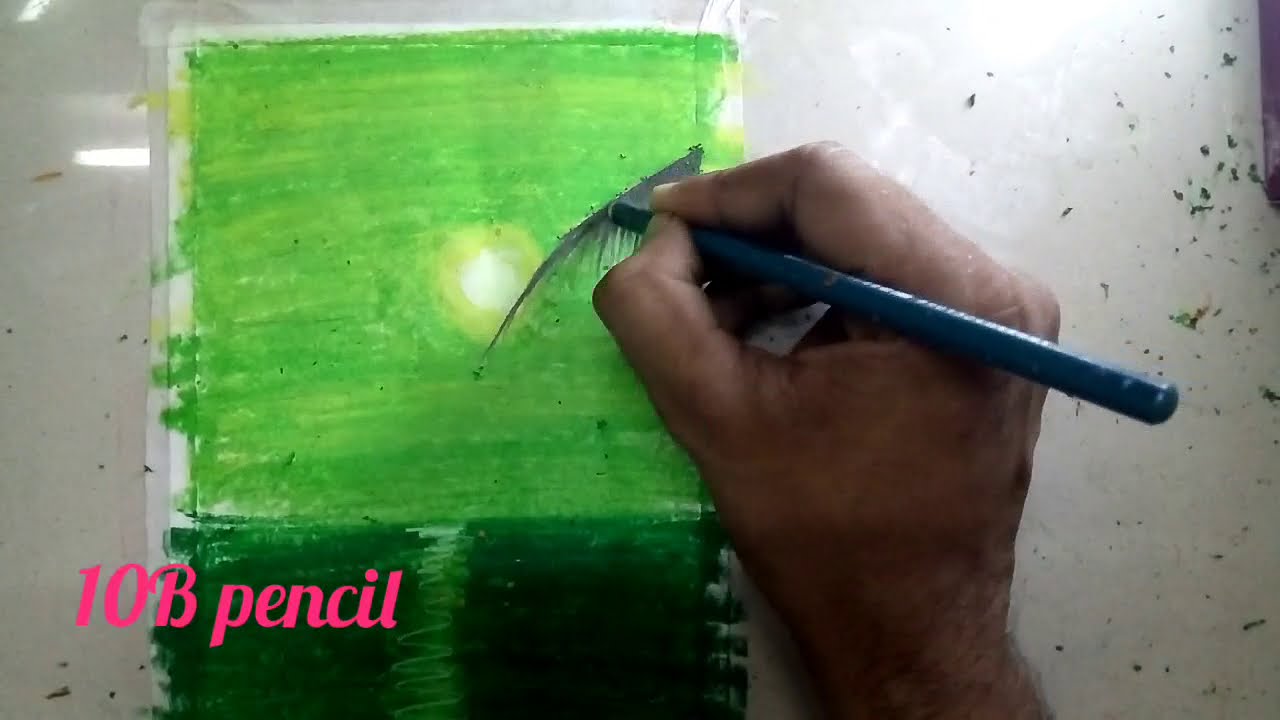 green sunset scenary drawing with oil pastels by aftab