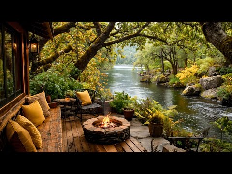 Nature Summer Riverside Porch Ambience | Cozy Cabin Firepit & Calming Birds Songs