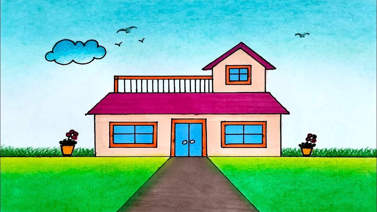 How to Draw a Dream House 🏠 | Simple House Drawing with Garden 🏡