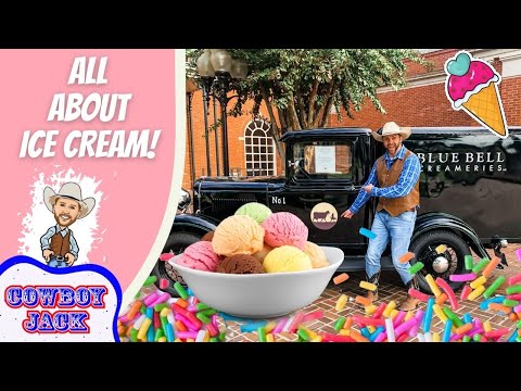 Promotional image: pink banner reading 'All About Ice Cream!', a vintage truck, a bowl of colorful ice cream scoops, and a cowboy mascot.