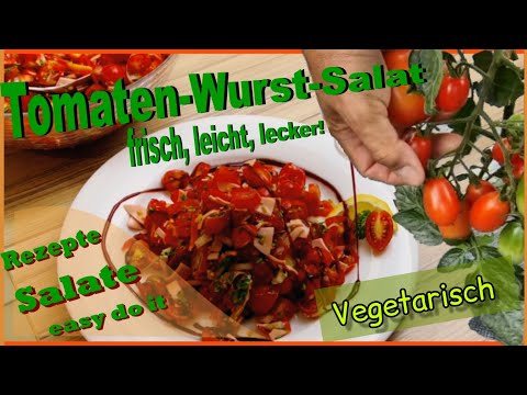 Tomato salad with sausage, tomato sausage salad, fresh, light & vegetarian