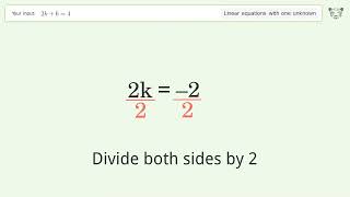 Solve 2k+6=4: Linear Equation Video Solution | Tiger Algebra