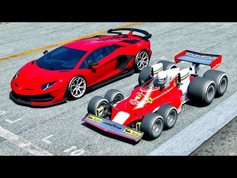 Ferrari F1 8 Wheels 1976 vs Lamborghini Aventador SVJ at Laguna Seca