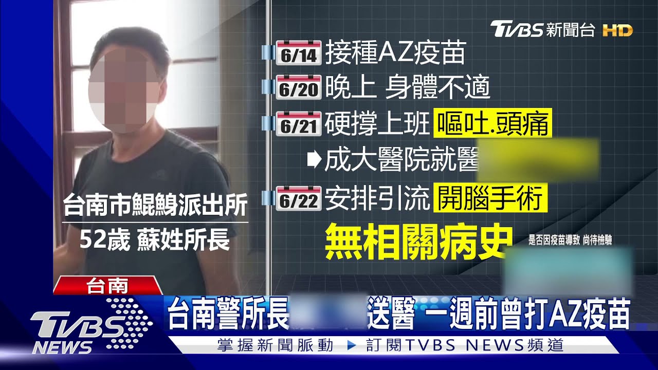 台南首例!派出所長腦出血送醫 一週前曾接種AZ疫苗