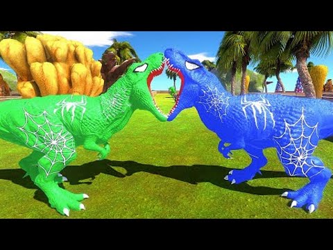 BLUE SPIDERMAN vs GREEN SPIDERMAN T-REX vs T-REX JUNGLE DEATH RUN - Animal Revolt Battle Simulator