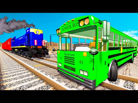 Flatbed Trailer Tractor Truck Rescue Bus | Cars vs Double Rails | BeamNG.Drive Satisfying Video