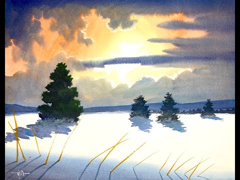 3 watercolor paintings of a snow scene