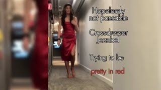Crossdresser pretty girl walk in an evening gown and heels