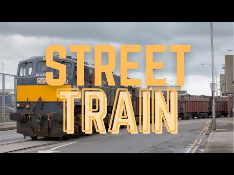 Freight trains running down the street on Alexandra Road, Dublin Port