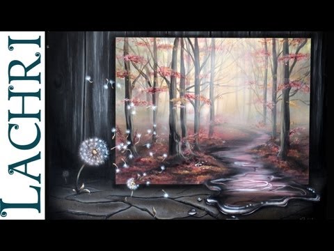 How to paint a surreal misty forest landscape with a dandelion in acrylic and airbrushing by Lachri