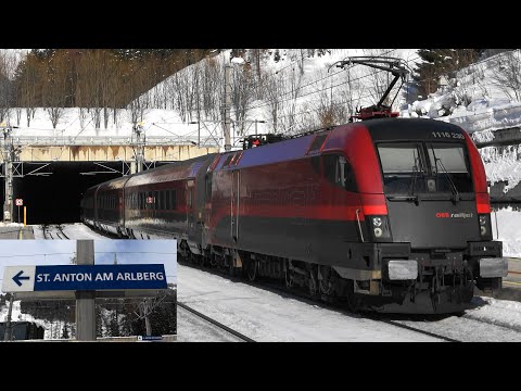 ARLBERGBAHN:❄St. Anton am Arlberg/ 5 Stunden Railjet & Güterzüge & 1 Lok & Bahnansagen im Schnee❄❄❄