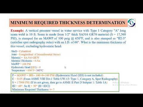 Easy calculation of Minimum Required Thickness : API-510 / ASME VIII Div.1 : Pressure Vessel Exam: