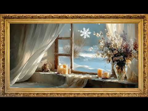 Winter flowers by the window | snowfall frame tv art screensaver | live wallpaper for tv 4K